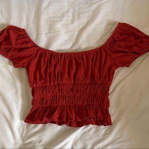 RED OFF SHOULDER RUCHED CROP TOP